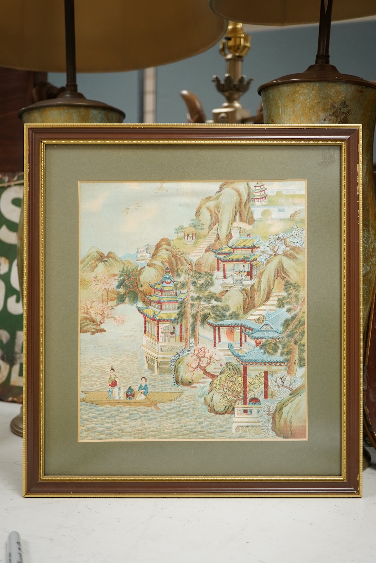 20th century, Chinese School, Riverscape with figures and pagodas, decorative colour print, 25 x 22cm